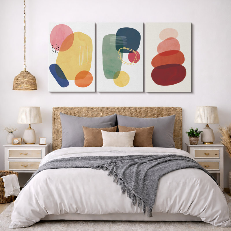 Abstract Vibrant Color Blocks "Boho Bold Bright Circle Artwork, Geometric Colorful Modern Wall Pictures, Framed Canvas Giclée Print 3 Pieces Wall Art" 16"x24"x3 pcs, 24"x36"x3 pcs