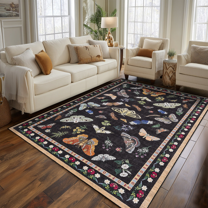 Tapis d'intérieur noir à motif de papillons lavables, Noir, Rectangle 5 pi x 7 pi