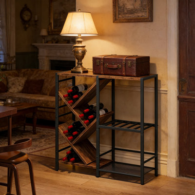 3-Tier Freestanding Wine Rack And Bar Table With Staggered Bottle Display, Glass Holder, And Mesh Shelf For Organized Home Bar Storage