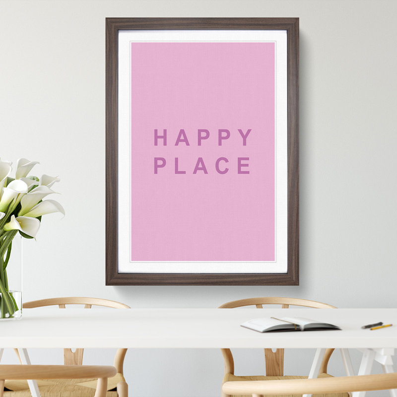 Happy Place Pink - Picture Frame Typography, 48cm H x 36cm W x 2cm D, Walnut Framed
