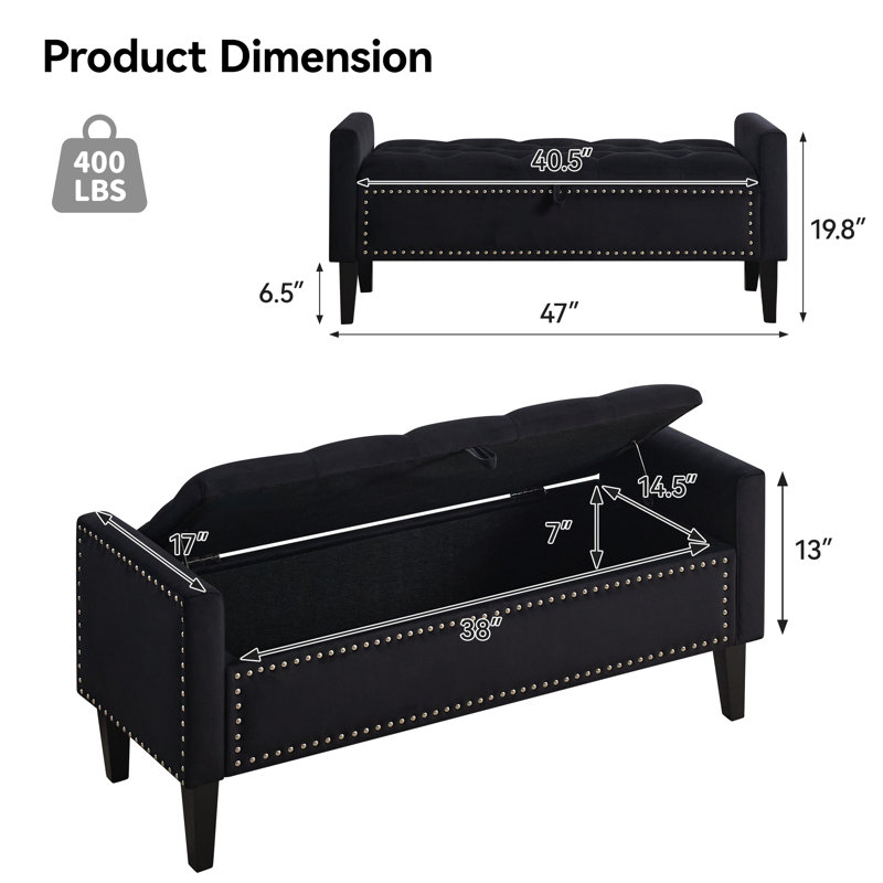 47" W Velvet Upholstered Flip Top Storage Bench, Black