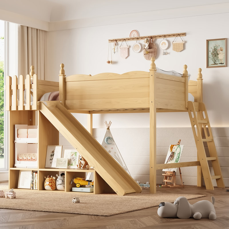 Lit mezzanine double en bois massif avec glissade, échelles et tablettes de rangement, armoire, lit mezzanine naturel pour enfants, sans sommier
