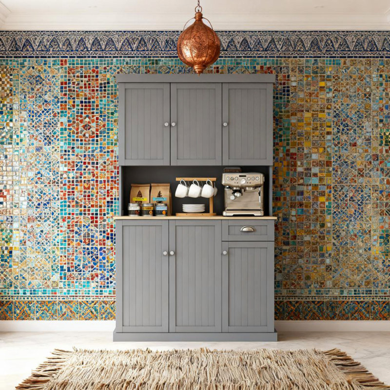 Buffet de cuisine avec four à micro-ondes, comptoir, tiroir et armoire de rangement pour garde-manger