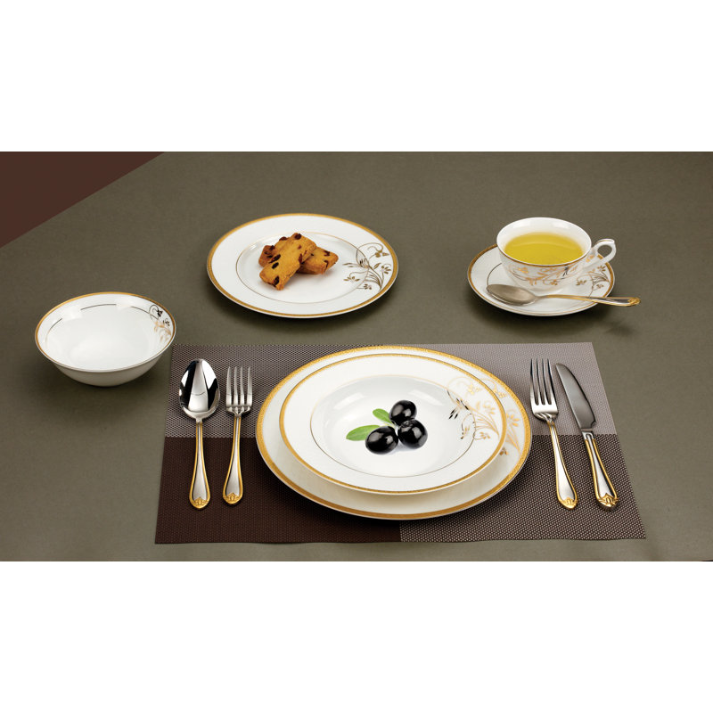 Rosalia Gold Floral Embossed Bone China Dinnerware Set, Service for 4