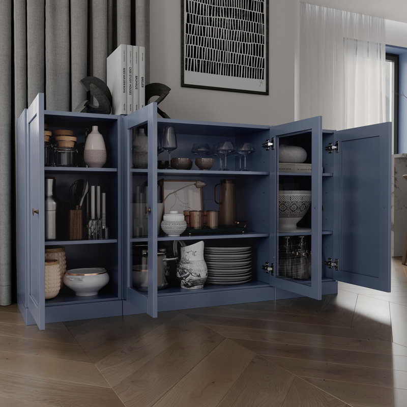 Buffet 100% bois massif 65 po avec verre transparent, portes Shaker et tablettes réglables, Bleu antique