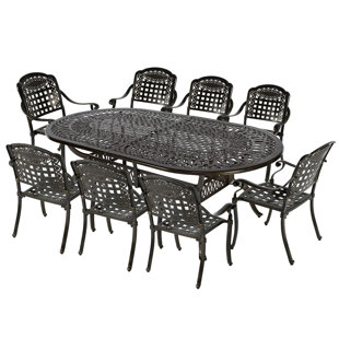 Ensemble de salle à manger 9 pièces pour l'extérieur, ensemble de jardin en aluminium coulé toutes saisons avec 8 chaises, 1 table ovale, trou pour parasol 2,2 po, bronze foncé