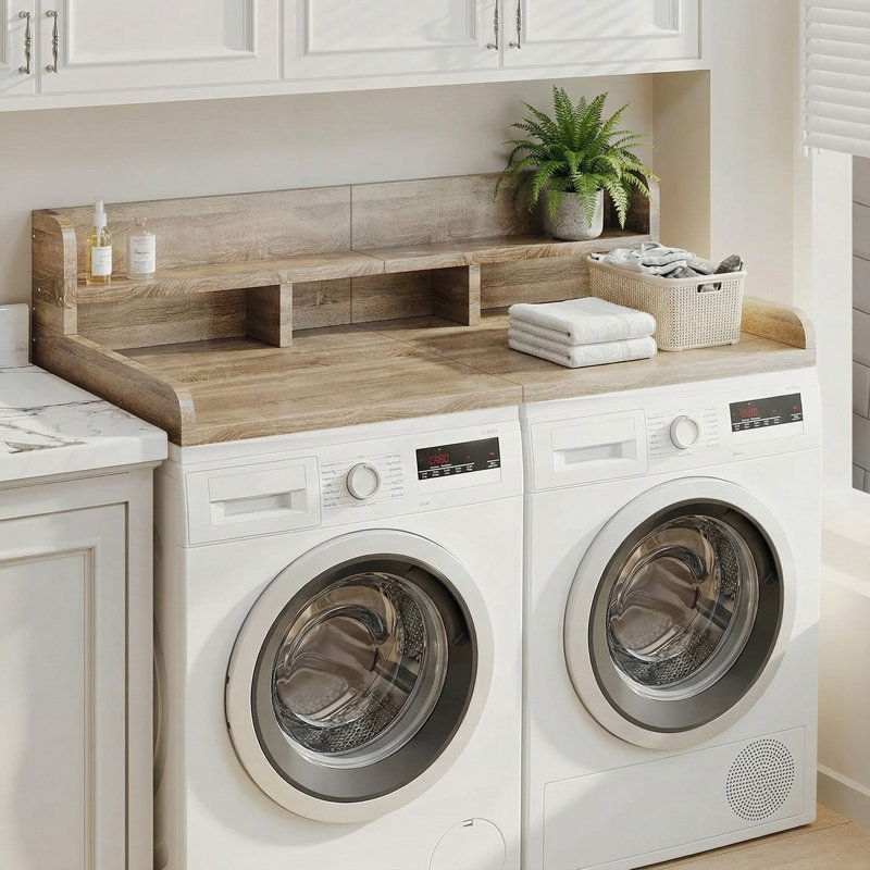 Washer Dryer Countertop With Non-Slip Pads, Laundry Wood Shelf Topper With Edge, 54" Width X 27.5" Depth Double Layer Organizer For Washer And Dryer Laundry Hamper Counter Storage (Sandy Brown Color)