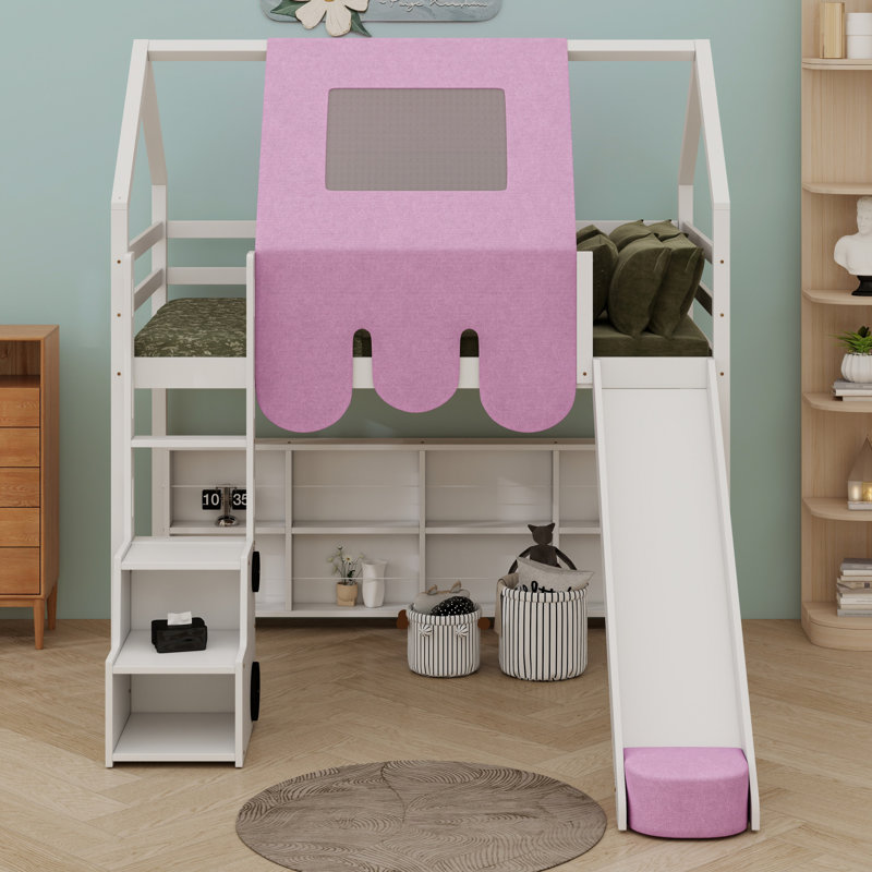 Structure de lit en mezzanine avec tente, Lit simple, Blanc / Rose