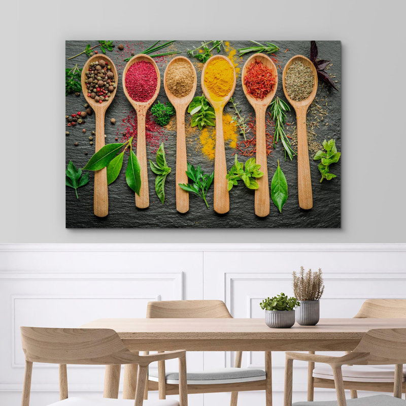 Herbes et épices dans les cuillères, cuisine et cuisine, photographie d'art moderne, décoration murale, H 32 po x l 48 po