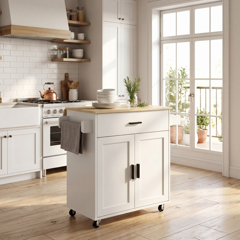 38”W Small Kitchen Islands Table with Foldable Side Leaf, Rolling Wood Microwave Cart on Wheels for Dining Room, White