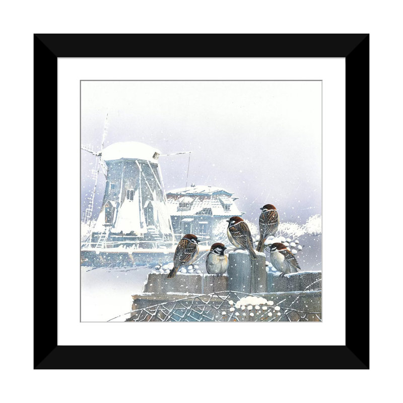 «Birdies and Windmill», impression sur toile, H 24 po x l 24 po x P 1 po, Papier beaux-arts encadré noir, Blanc