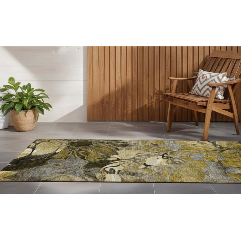 2' X 8' Green and Brown Abstract Washable Indoor Outdoor Runner Rug