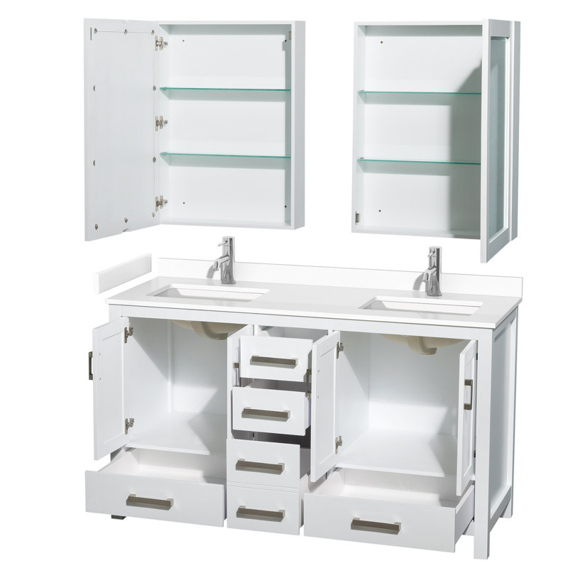 Sheffield 60" Bathroom Vanity Set with Medicine Cabinets, White Cultured Marble, White