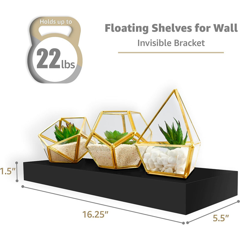 Sorbus 16" Long Floating Shelves with Invisible Mounting Set of 2 - Black, Black