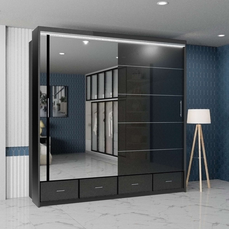 Desilets High Gloss Sliding Wardrobe with Mirror , 220 cm H x 208 cm W x 66 cm D, Black