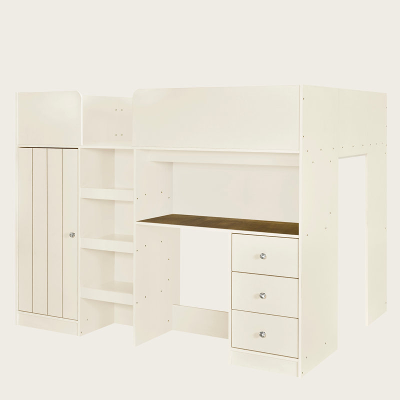 Wood Full Size Loft Bed with Built-In Wardrobe, Desk, Storage Shelves & Drawers, Beige