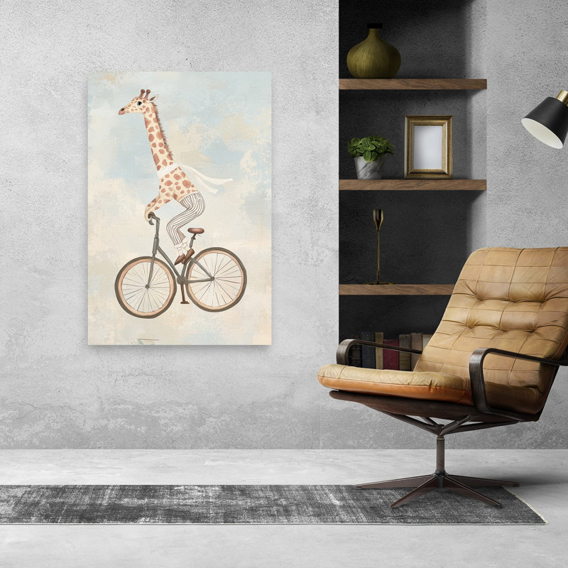 Girafe, bicyclette, tour de ciel, rêve, espiègle, girafe rétro, paysage, impression d'art mural, H 48 po x l 32 po