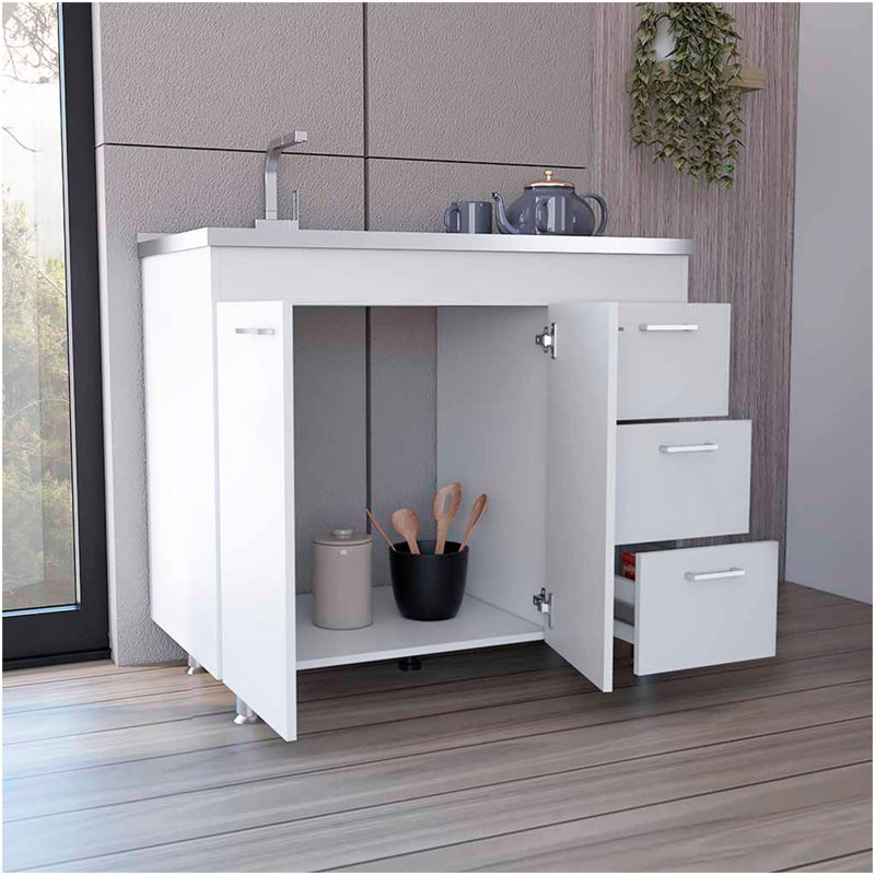 Ferretti Base Cabinet , Three Drawers, Double Door, Four Legs -White, White