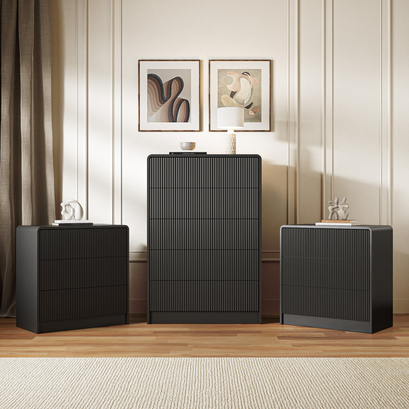 Ensemble de chambre à coucher 3 pièces, commode 5 tiroirs et table de chevet 3 tiroirs, Noir