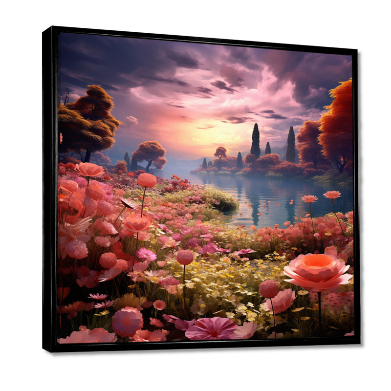 Fleur rose, rivière dans la forêt II - Fleurs, art mural, Toile avec cadre flottant noir, H 16 po x l 16 po x P 1 po