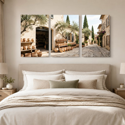 Stone Village Alley with Terracotta Pots and Olive Trees Set Of 3 Canvas Wall Art