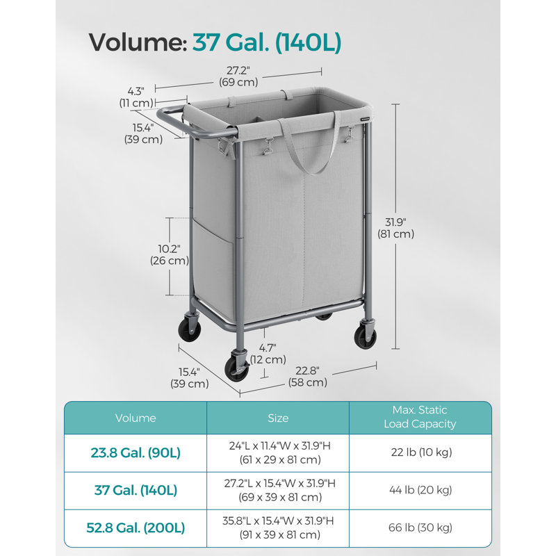 Rolling Laundry Hamper with Handles, Dove Grey