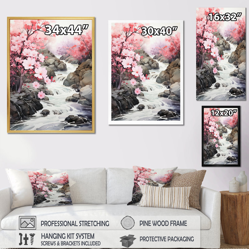 «Jaffer Pink Grey Minimalisme Serenity in River», reproduction sur toile, Cadre photo noir, H 32 po x l 24 po x P 1 po