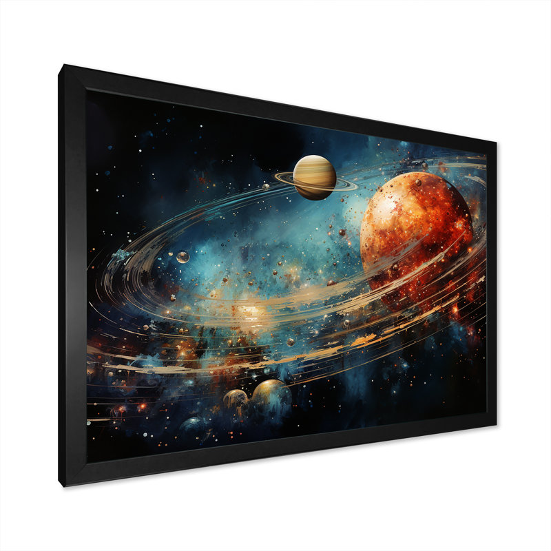 Saturn Ruby Rings Orbiting Elegance - Notre système d'art mural de salon solaire, Cadre photo noir simple
