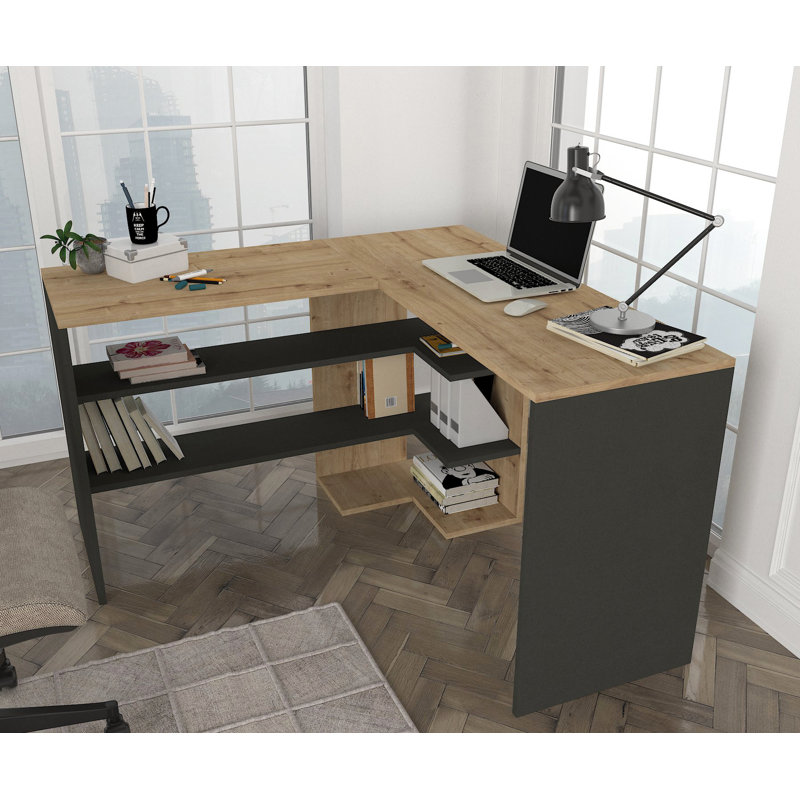 Fokje L-Shaped Writing Desk, Brown, Beige