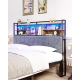Headboard with 3-Tier Storage Shelves, Velvet Upholstered Head Board with 2 Outlets, USB Ports & LED Light, Soft Backrest for King/Queen Size Bed, White and Gold/Rustic Brown and Black