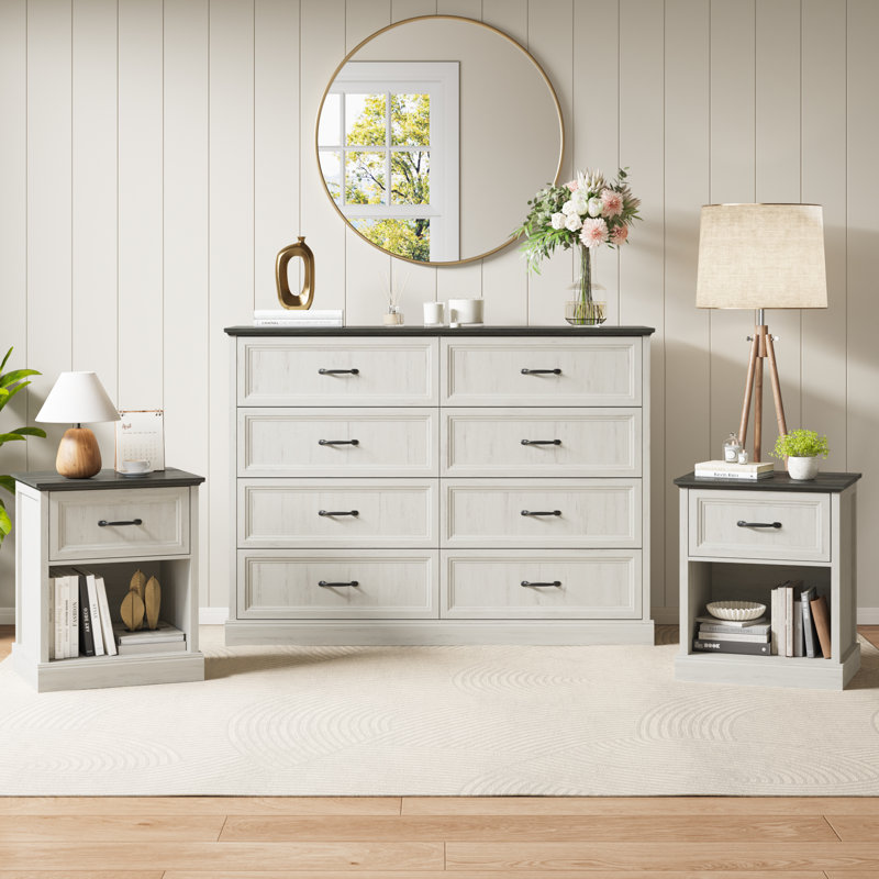 Ensemble de chambre à coucher 3 pièces, commode 8 tiroirs et 2 tables de chevet, Blanc