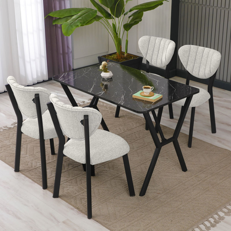 Ensemble de table et chaises de salle à manger extensible Modern (5 pièces), crème et noir | Panneau de particules 100% mélaminé, table: 43,3 po x 29,1 po x 29,1 po, chaises: 18,5 po x 33,5 po x 17,7 po | Structure en métal robuste, tissu en lin luxueux, design élégant et fonctionnel