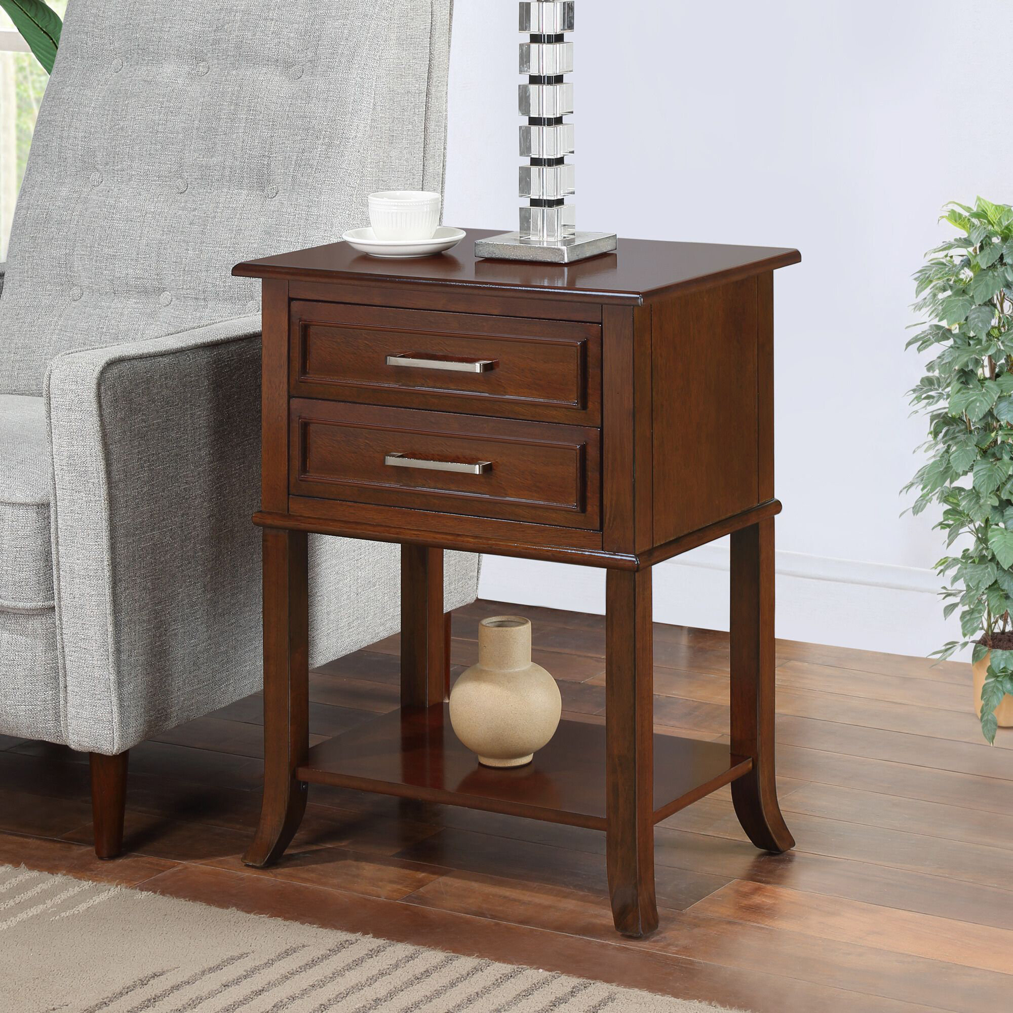 Johnessa 2 Drawer End Table with Shelf with Solid Wood Legs House of Hampton Color Espresso