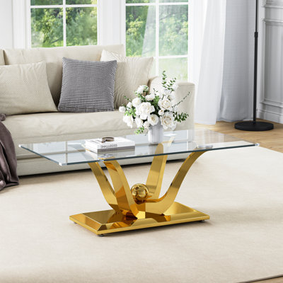 47" Rectangular Glass Coffee Table, 0.39" Thick Tempered Glass And Stainless Steel Floral Base