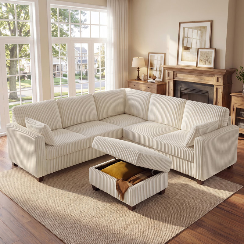 Canapé modulaire en L 90,6 po avec repose-pieds en velours côtelé, Velours côtelé beige