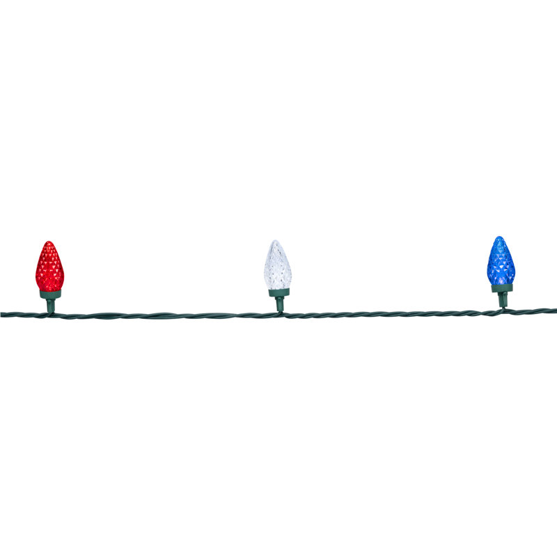 Lumières de Noël à facettes patriotiques à DEL C9 - rouge, blanc et bleu - fil vert de 66 pi - 100 carats