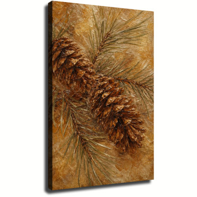 Peinture à l'huile vintage représentant des pommes de pin et des aiguilles de pin sur un fond aux tons chauds de terre, décoration murale d'automne sur toile pour une maison de campagne.