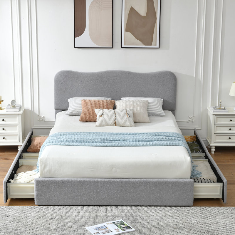 Lit plateforme avec rangement à 4 tiroirs Arusha Boucle, Double, Light Grey