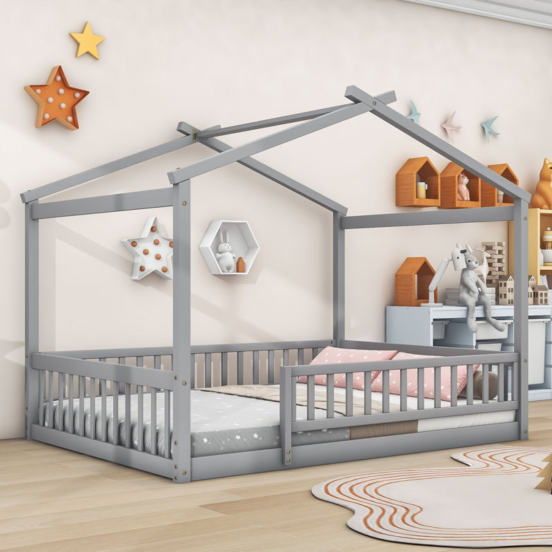 Structure de lit en bois avec clôture Akeiba, pour enfants, adolescents, Double, Gris
