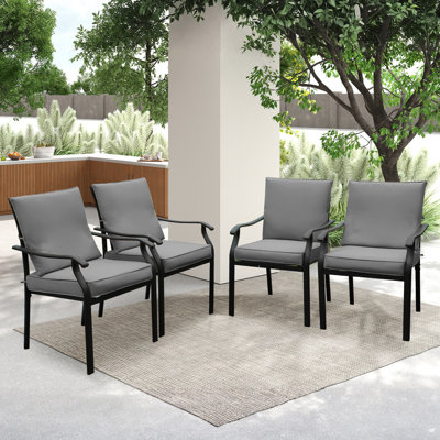 6 Pcs Patio Metal Dining Chairs, Outdoor Wroght Iron Seating Dining Chairs With 3.54” Thick Cushions, Stackable Bistro Chair For Garden, Poolside, Backyard, Lawn, Black ( Gray Cushions)