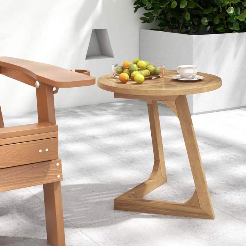 2 PCS Teak Wood Side Table Round Sofa End Table with Slatted Tabletop Nightstand