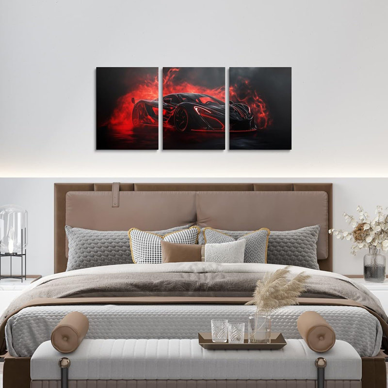 Red Race Car Wall Art Boys Red Black Racing Car Canvas Wall Art Set of 3 for Kids Girls Racing Car Decor Extreme Sports Gaming Poster Prints,12x16