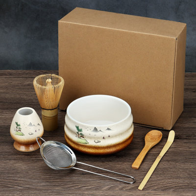 6 Pcs Ceramic Matcha Whisk Set, Japanese Tea Ritual Set - Bamboo Whisk (Chasen) & Stand, Ceramic Bowl (Chawan), Stainless Steel Sieve, Spoon & Spoon for Beginners & Matcha Lovers
