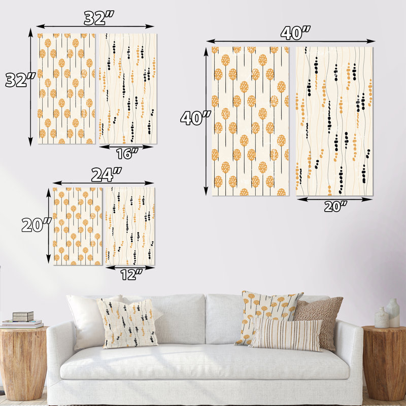 «Retro Organic Harvest Elements» en noir et jaune - ensemble de 2 impressions, H 40 po x l 40 po x P 1,5 po, Toile tendue