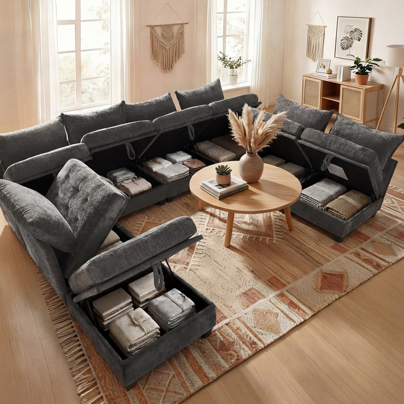Canapé modulaire 8 pièces avec rangement sous le siège, canapé en chenille moderne pour le salon, configuration polyvalente