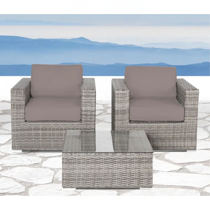 Ensemble de conversation en osier de rotin pour 2 personnes avec coussins, entièrement assemblé, Coussin brun / cadre gris