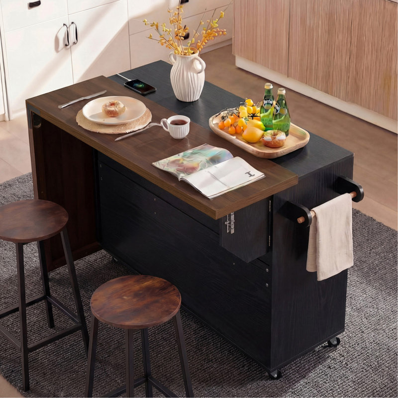 Îlot de cuisine avec table de salle à manger extensible K&K 102,3 po, chariot pour îlot de cuisine sur roulettes avec armoire de rangement, support à épices coulissant à 3 niveaux, table d'îlot mobile sur roulettes pour la cuisine, la salle à manger, noir