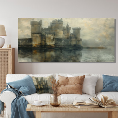 Impression d'art mural gris et beige, château d'hiver médiéval