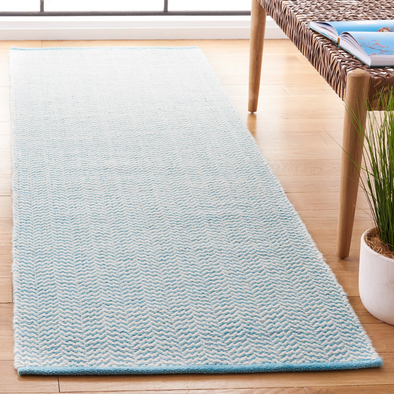 Vermont Hand Woven Cotton/Wool Geometric Rug in Teal/Ivory, Runner 2'3" x 8'