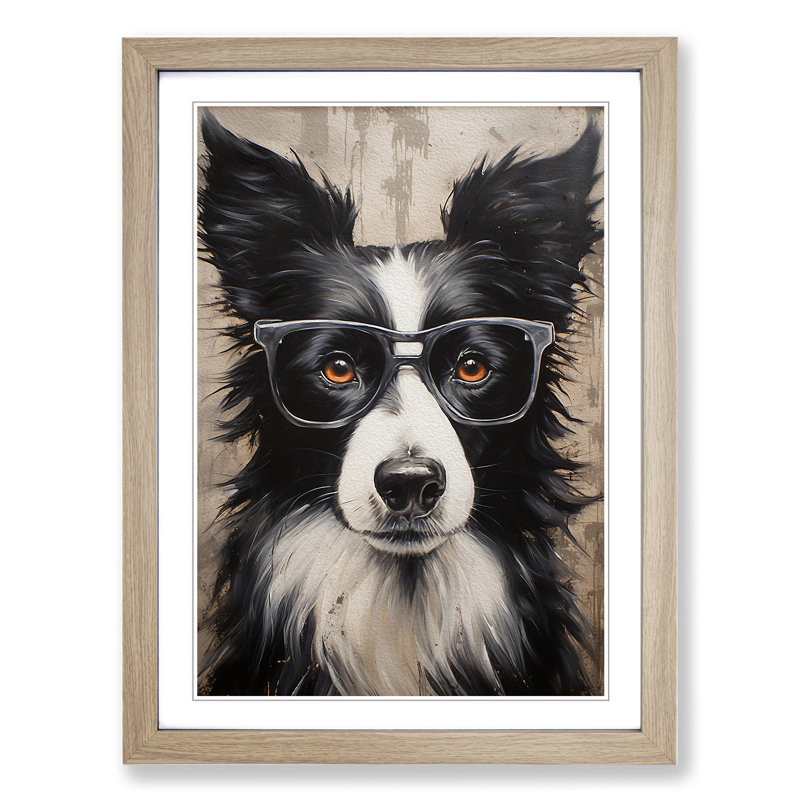 Border Collie with Glasses Painting - Framed Print, Oak Framed, 64cm H x 46cm W x 2cm D